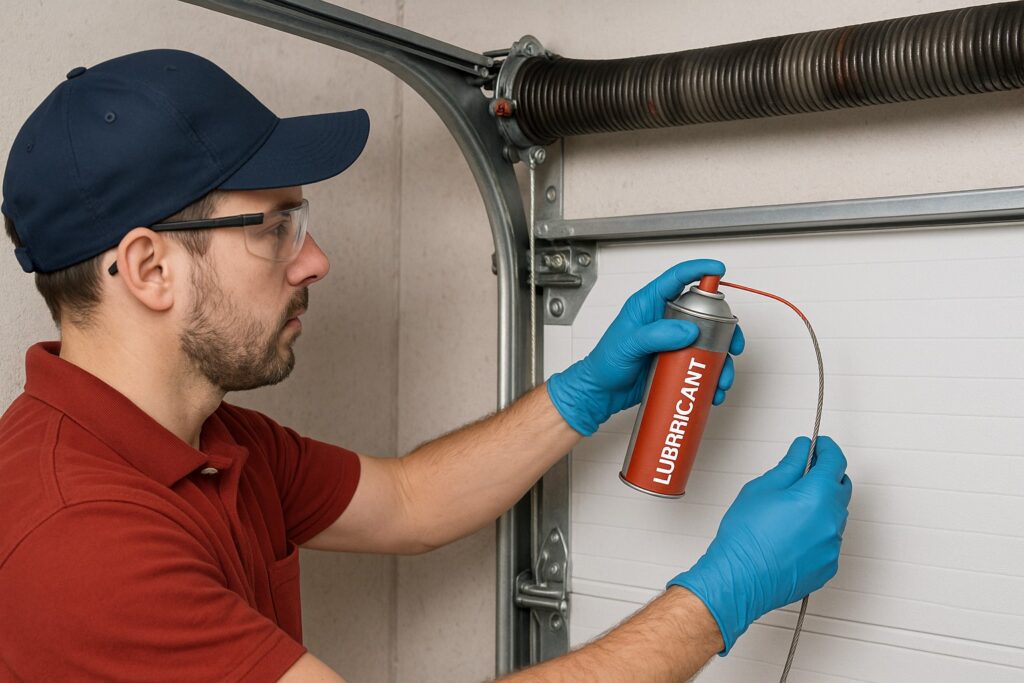 Technician applying lubricant to a garage door cable as part of regular maintenance to prevent wear and delay the need for garage door cable replacement.