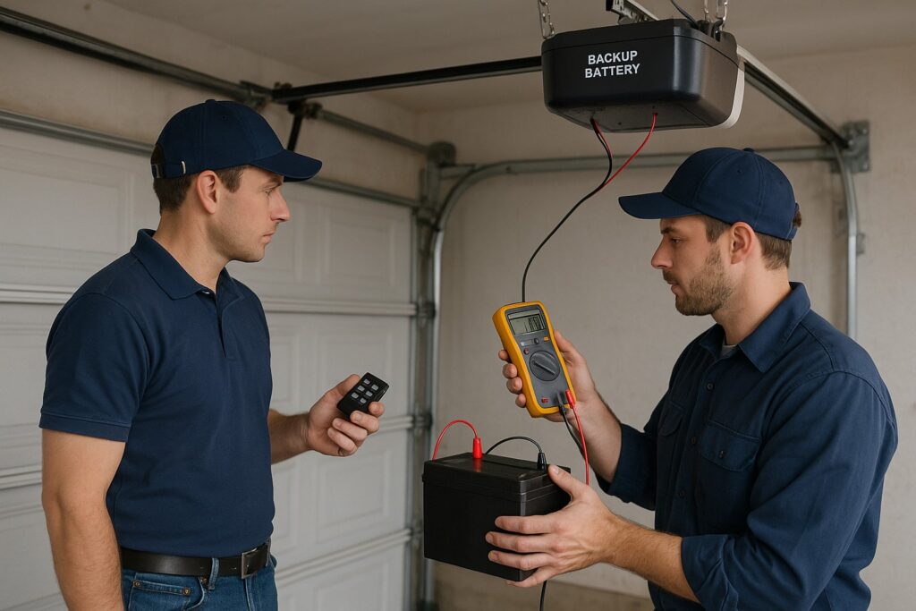 Garage door service technicians testing a garage door opener backup battery with a multimeter for system reliability.