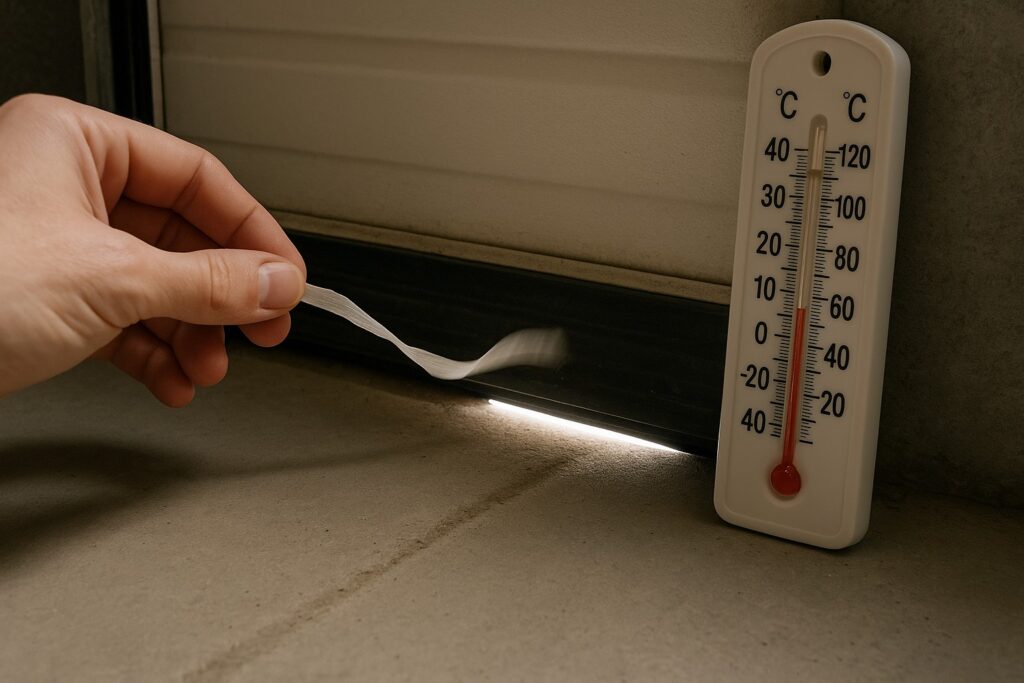 Hand testing air draft through garage door gap, showing poor weather sealing with thermometer nearby.