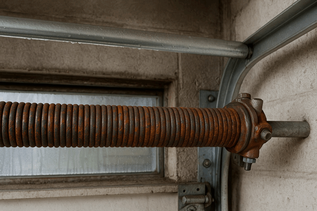 Close-up of a rusty garage door torsion spring, showing need for garage door repairs and maintenance.