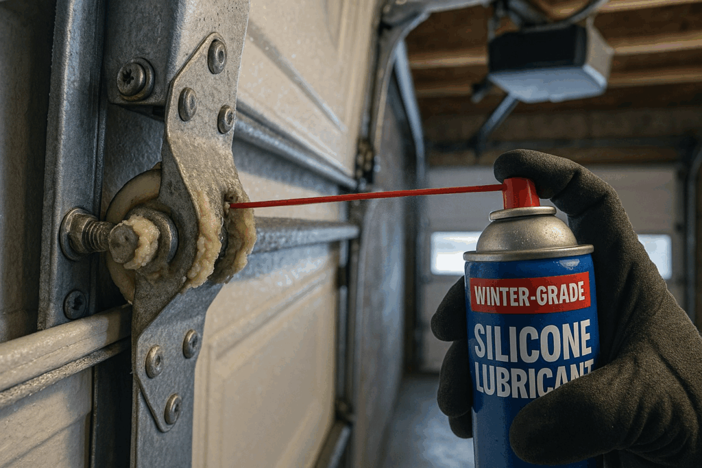 Hand applying winter-grade silicone lubricant to garage door rollers for smooth operation and preventive garage door repairs.