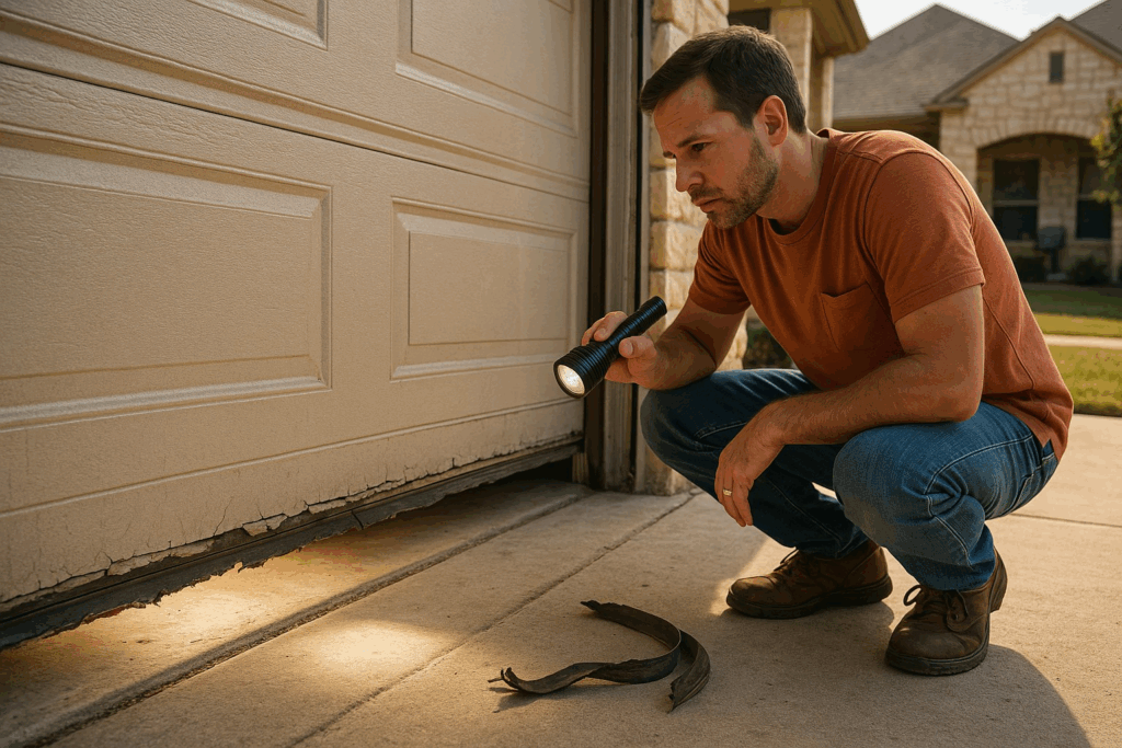 Homeowner inspecting bottom seal damage while preparing to repair garage door.