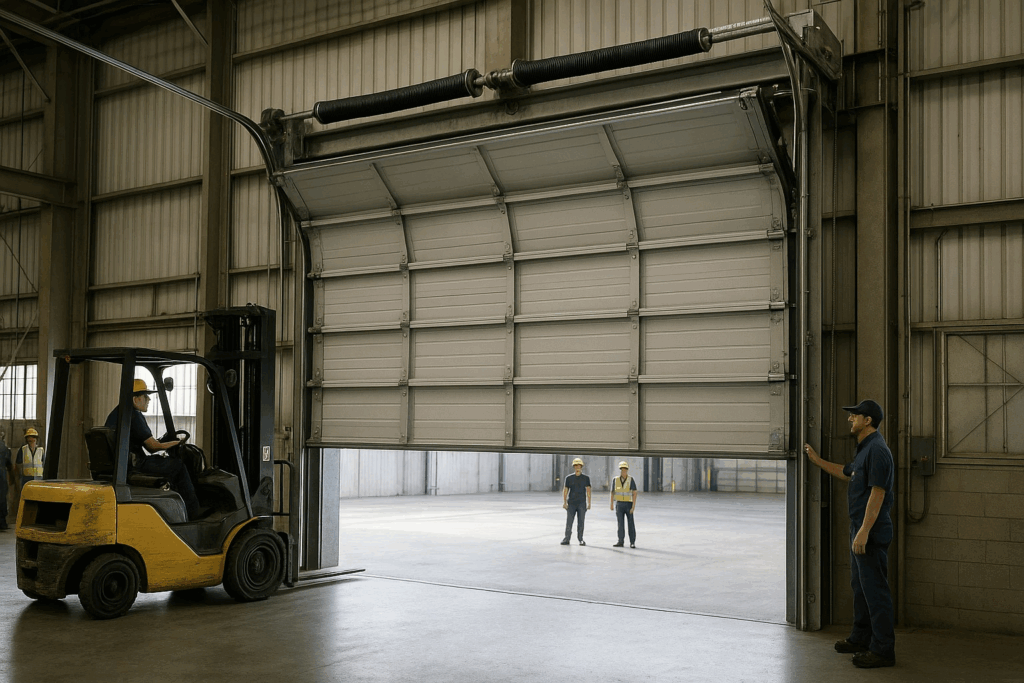 Technician monitoring forklift access during commercial garage door repair and operation.
