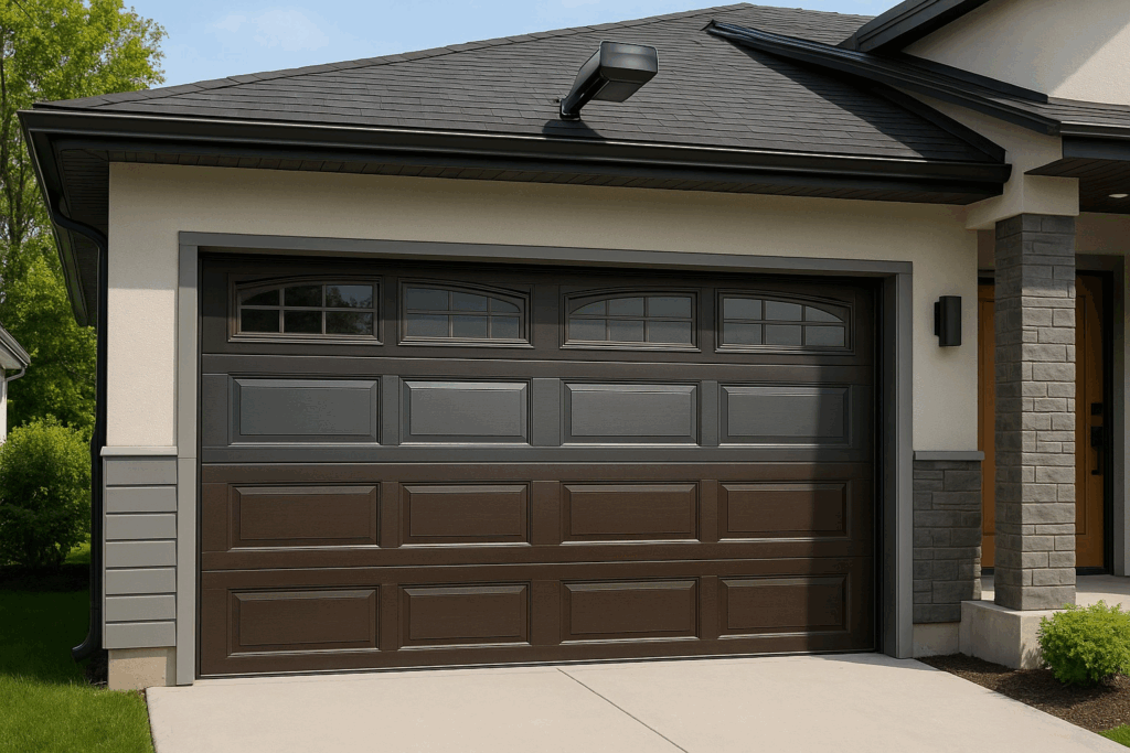 modern garage doors with decorative windows on suburban home.