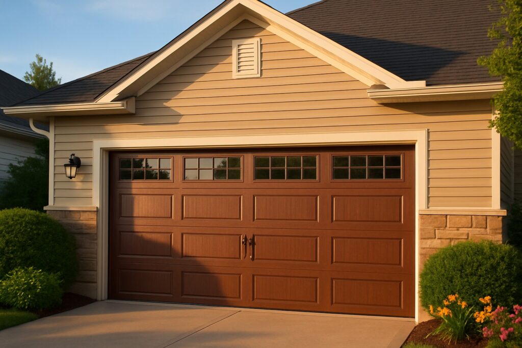 Well-maintained modern garage door shown after professional garage door maintenance enhancing home curb appeal.