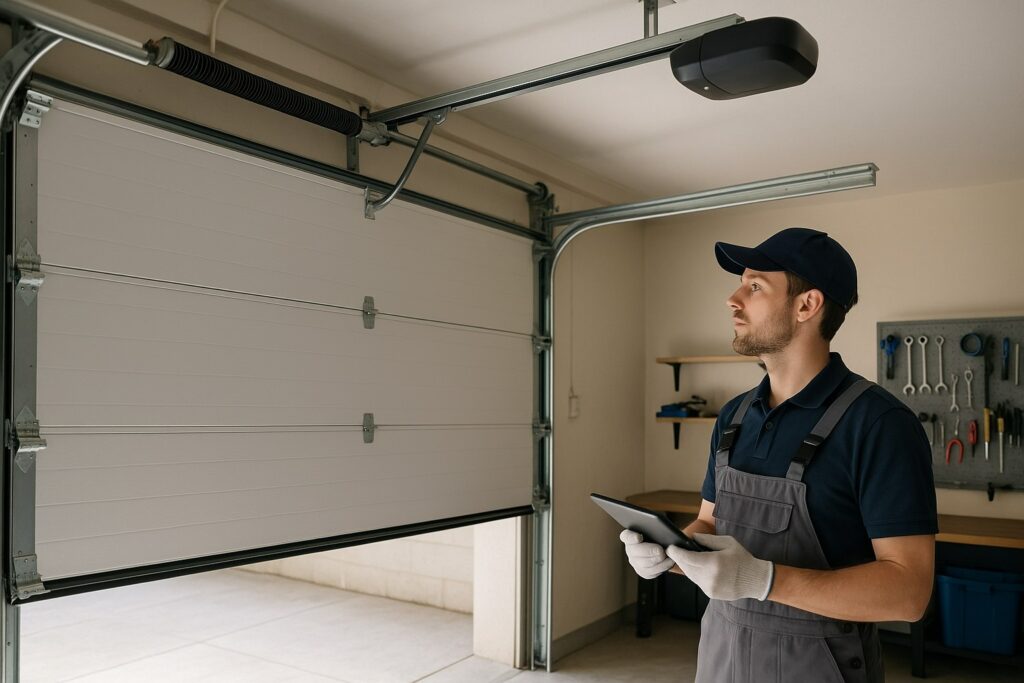 Technician performing a garage door tune-up while inspecting the door’s opener system and hardware using a digital tablet.