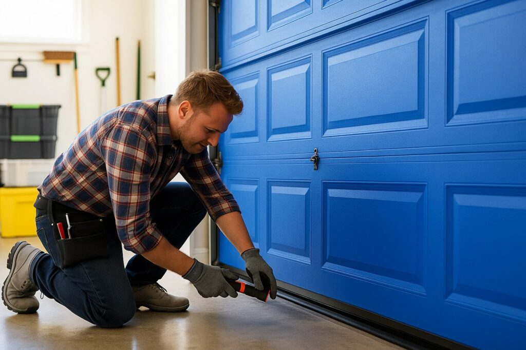 Technician checking the bottom seal during a garage door tune-up to ensure a tight fit and prevent drafts or debris entry.